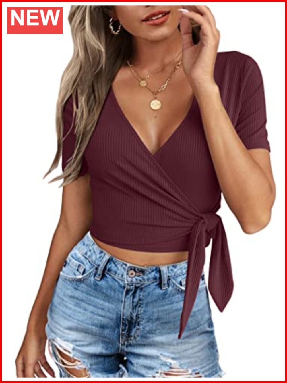 Women's Crop Top Deep V Neck Cross Wrap Tie Front Short Sleeve Slim Fit Blouse